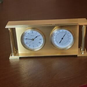 Vintage Bulova Solid Brass Desk Mantle Quartz Dual Clock and Thermometer